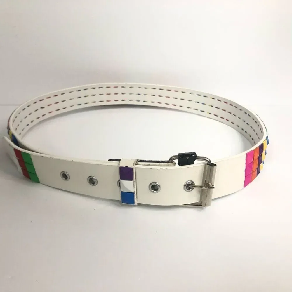 studded 3 row rainbow white leather belt emo pride lgbt size large kid‎ core